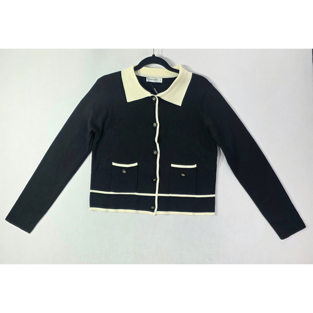 NEW Everlynn Apparel Black Cream Contrast Trim Button Front Cardigan Sweater M/L
